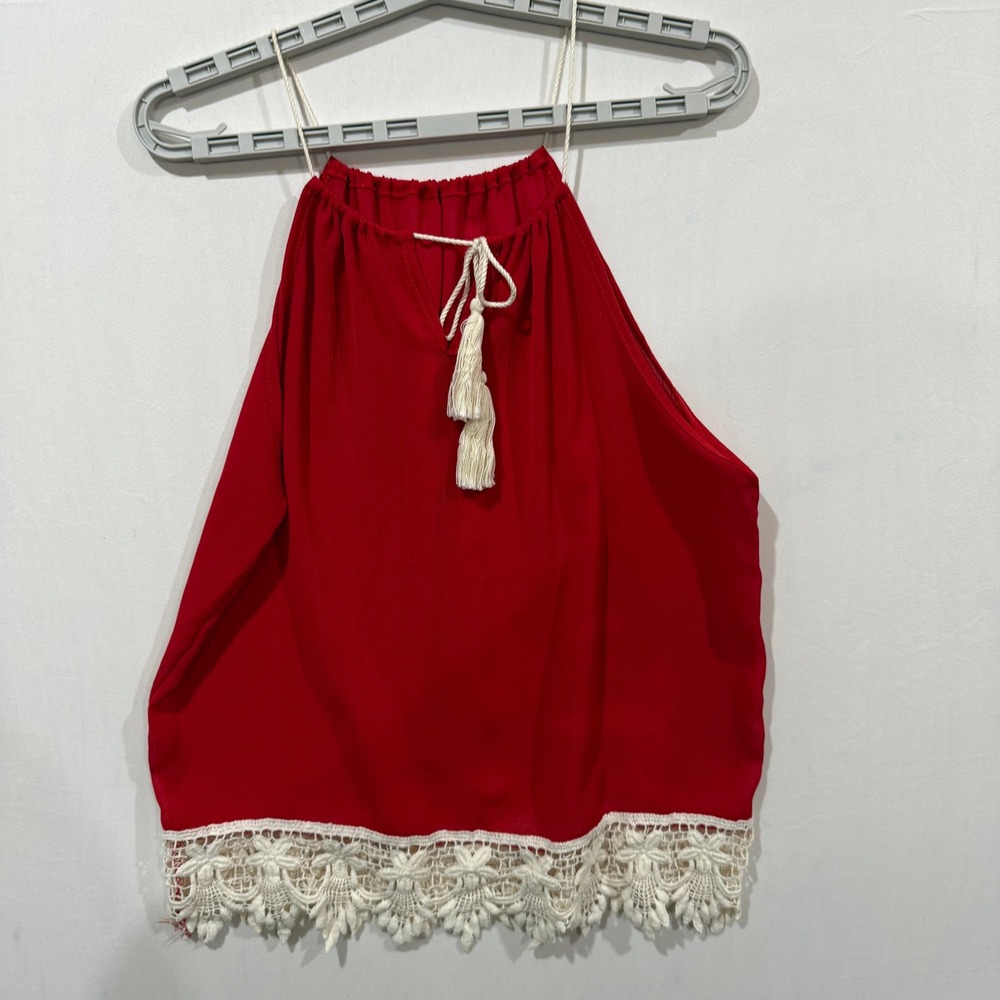 Overmal Red Halter Top Boho Crochet Lace Hem Tassel Tie Sleeveless Tank